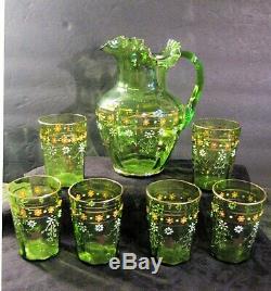 Green Victorian Blown Art Glass Enameled Lemonade Set Fluted Pitcher & 6 Glasses