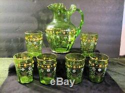 Green Victorian Blown Art Glass Enameled Lemonade Set Fluted Pitcher & 6 Glasses