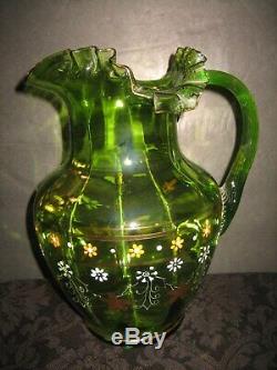 Green Victorian Blown Art Glass Enameled Lemonade Set Fluted Pitcher & 6 Glasses