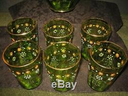 Green Victorian Blown Art Glass Enameled Lemonade Set Fluted Pitcher & 6 Glasses