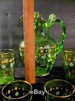 Green Victorian Blown Art Glass Enameled Lemonade Set Fluted Pitcher & 6 Glasses