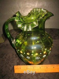 Green Victorian Blown Art Glass Enameled Lemonade Set Fluted Pitcher & 6 Glasses