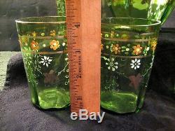 Green Victorian Blown Art Glass Enameled Lemonade Set Fluted Pitcher & 6 Glasses