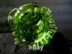 Green Victorian Blown Art Glass Enameled Lemonade Set Fluted Pitcher & 6 Glasses