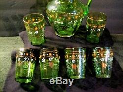 Green Victorian Blown Art Glass Enameled Lemonade Set Fluted Pitcher & 6 Glasses