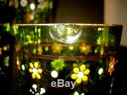 Green Victorian Blown Art Glass Enameled Lemonade Set Fluted Pitcher & 6 Glasses