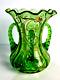 Green Art/blown Glass Bouquet Vase Hand Painted Withthree Rope Glass Moser Handles