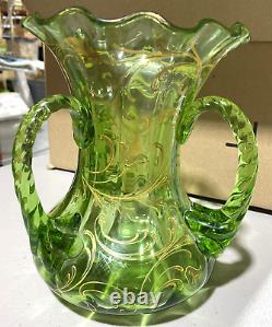 Green art/blown glass bouquet vase hand painted withthree rope glass moser handles