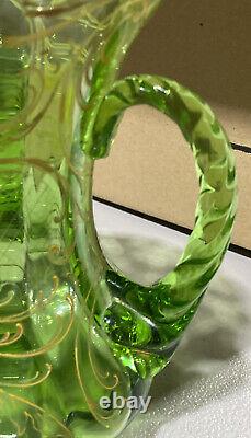 Green art/blown glass bouquet vase hand painted withthree rope glass moser handles