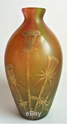 HARRACH RAINBOW Iridescent 8 5/8 GOLD Enamel BOHEMIAN Antique ART GLASS VASE