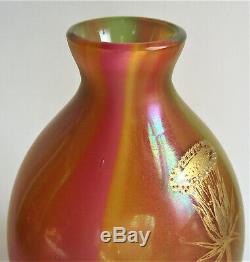HARRACH RAINBOW Iridescent 8 5/8 GOLD Enamel BOHEMIAN Antique ART GLASS VASE