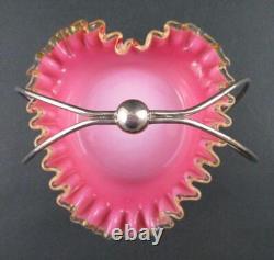 HEART shape SWEETMEAT Dish Antique PINK Art Glass AMBER trim EPNS Frame