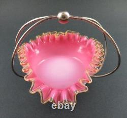 HEART shape SWEETMEAT Dish Antique PINK Art Glass AMBER trim EPNS Frame