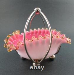 HEART shape SWEETMEAT Dish Antique PINK Art Glass AMBER trim EPNS Frame