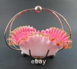 HEART shape SWEETMEAT Dish Antique PINK Art Glass AMBER trim EPNS Frame