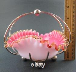 HEART shape SWEETMEAT Dish Antique PINK Art Glass AMBER trim EPNS Frame