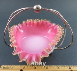 HEART shape SWEETMEAT Dish Antique PINK Art Glass AMBER trim EPNS Frame