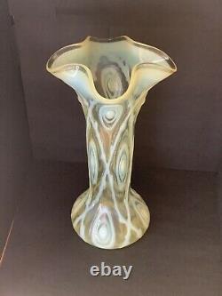 HUGE RARE VICTORIAN ART NOUVEAU OPALESCENT URANIUM VASELINE GLASS VASE 30.5 a/f