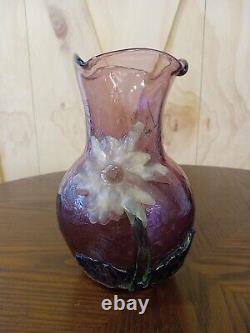 Hand Blown Victorian Style Kralik Purple Crackle Glass Vase With Applied Flower