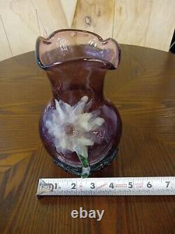 Hand Blown Victorian Style Kralik Purple Crackle Glass Vase With Applied Flower