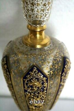 Hand Made Victorian Blue Bohemian Moser Overlay Cut Glass Gold Enamel Vase