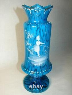 Handpainted Enamel Mary Gregory Victorian Era Girl Mottled Blown Blue Glass Vase