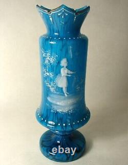 Handpainted Enamel Mary Gregory Victorian Era Girl Mottled Blown Blue Glass Vase