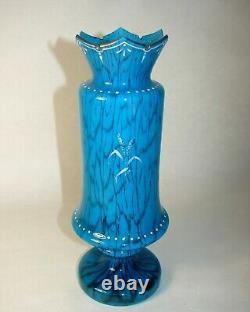 Handpainted Enamel Mary Gregory Victorian Era Girl Mottled Blown Blue Glass Vase