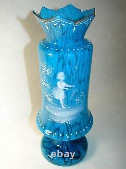 Handpainted Enamel Mary Gregory Victorian Era Girl Mottled Blown Blue Glass Vase