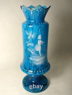 Handpainted Enamel Mary Gregory Victorian Era Girl Mottled Blown Blue Glass Vase