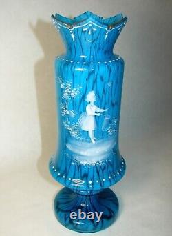 Handpainted Enamel Mary Gregory Victorian Era Girl Mottled Blown Blue Glass Vase