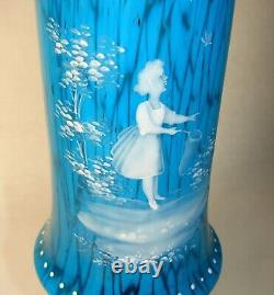 Handpainted Enamel Mary Gregory Victorian Era Girl Mottled Blown Blue Glass Vase