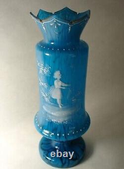 Handpainted Enamel Mary Gregory Victorian Era Girl Mottled Blown Blue Glass Vase