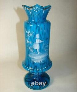 Handpainted Enamel Mary Gregory Victorian Era Girl Mottled Blown Blue Glass Vase