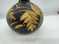 Harrach Black Hyalith Enameled & Gilt Glass Vase ca. 1887 Fern & Dragonfly