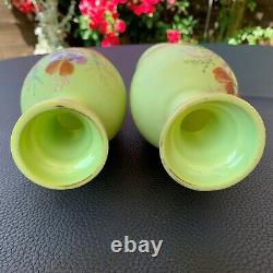 Harrach Bohemian Art Glass Opaque Green Vase Enamelled Floral Decoration Pair