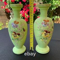 Harrach Bohemian Art Glass Opaque Green Vase Enamelled Floral Decoration Pair