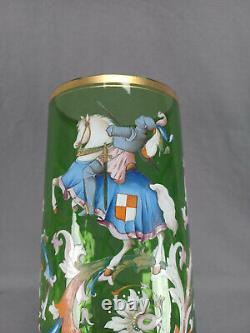 Harrach Bohemian Hand Enameled Floral Scrollwork Medieval Knight 12 Glass Vase