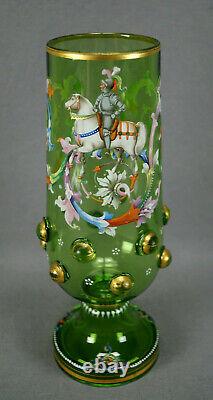 Harrach Bohemian Hand Enameled Floral Scrollwork Medieval Knight Glass Vase A