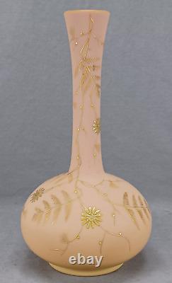 Harrach Bohemian Hand Enameled Gold Floral Peach Blow 10 1/2 Inch Vase C. 1880s