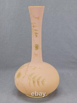 Harrach Bohemian Hand Enameled Gold Floral Peach Blow 10 1/2 Inch Vase C. 1880s