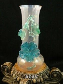 Harrach Bohemian Opalescent Art Nouveau Glass Floriform Vase w Applied Hibiscus
