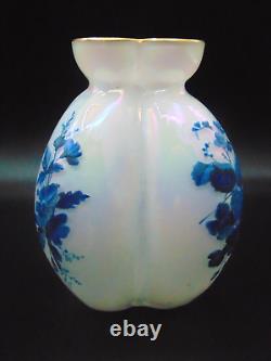 Harrach Iridescent Blue Enameled Bohemian Art Glass Floral Rose Bowl + Vase Set