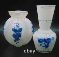 Harrach Iridescent Blue Enameled Bohemian Art Glass Floral Rose Bowl + Vase Set