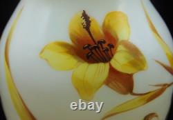 Harrach Riedel Bohemian Custard Hand Painted Yellow Bird & Lily Art Glass Vase