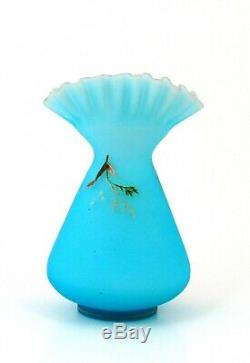Harrach Victorian Art Glass Blue Satin Gold Gilt Floral & Bird Vase Bohemian