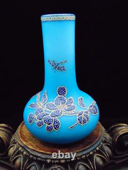 Harrach Victorian Blue Enameled POINTILLISM Dragonfly & Floral Art Glass Vase Harrach Victorian Blue Enameled POINTILLISM Dragonfly & Floral Art Glass Vase
