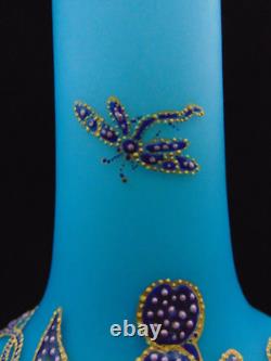 Harrach Victorian Blue Enameled POINTILLISM Dragonfly & Floral Art Glass Vase Harrach Victorian Blue Enameled POINTILLISM Dragonfly & Floral Art Glass Vase