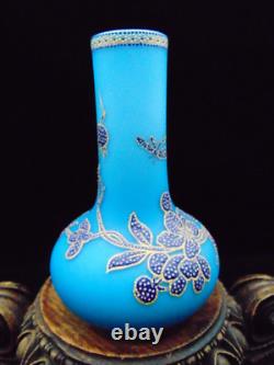 Harrach Victorian Blue Enameled POINTILLISM Dragonfly & Floral Art Glass Vase Harrach Victorian Blue Enameled POINTILLISM Dragonfly & Floral Art Glass Vase
