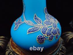Harrach Victorian Blue Enameled POINTILLISM Dragonfly & Floral Art Glass Vase Harrach Victorian Blue Enameled POINTILLISM Dragonfly & Floral Art Glass Vase